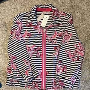 New Chico's Black and White Striped Jacket with Pink Floral Design